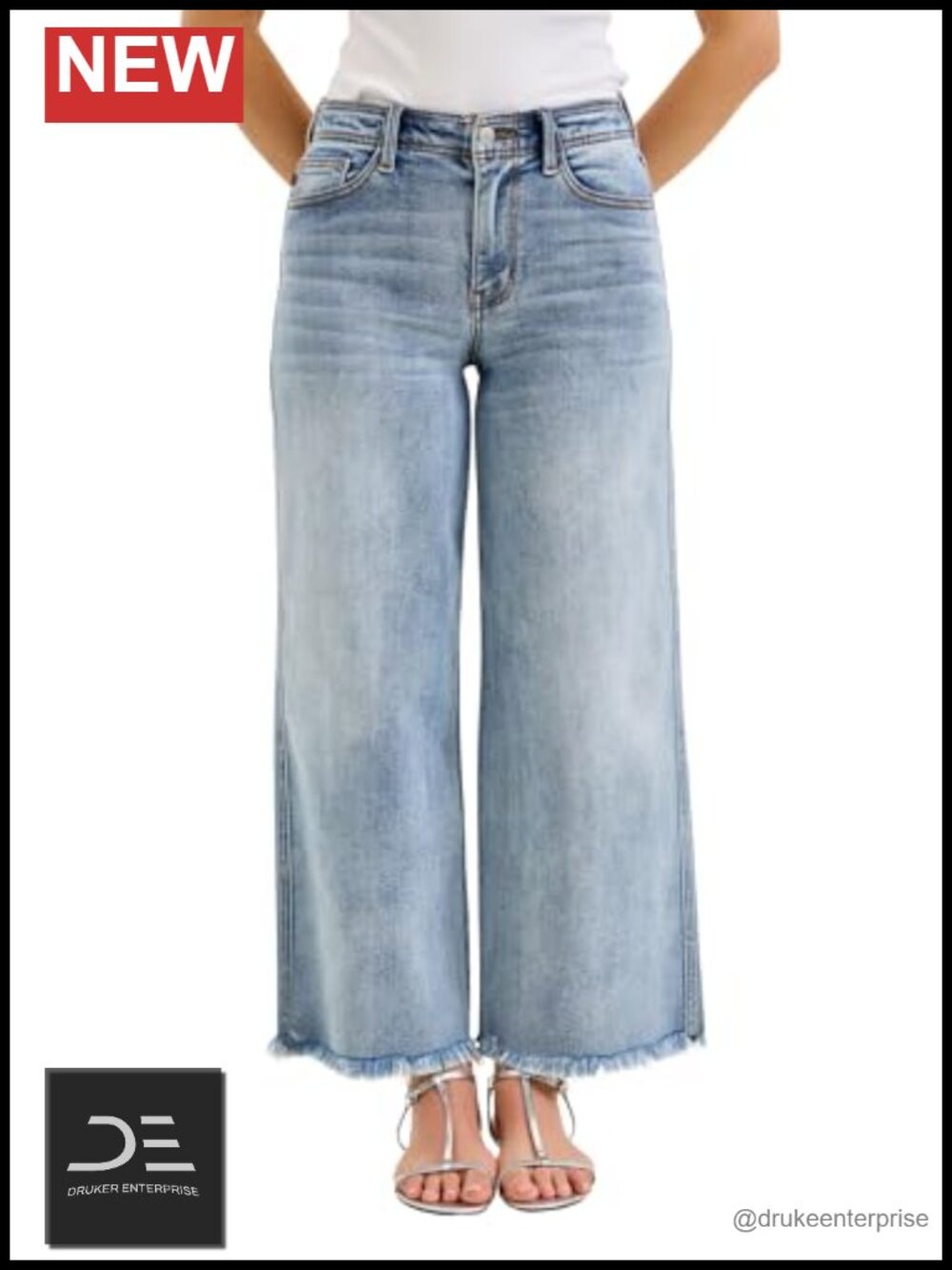 Mid Rise Ankle Wide Leg Jeans with Hollywood Waistband and Frayed Hem